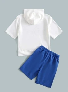 SHEIN Boys Cartoon Graphic Hoodie & Shorts Set - Blue and White - View 2