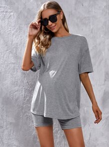 SHEIN Maternity Solid Drop Shoulder Tee & Cycling Shorts - Light Grey - View 2