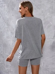SHEIN Maternity Solid Drop Shoulder Tee & Cycling Shorts - Light Grey - View 3