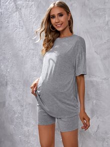 SHEIN Maternity Solid Drop Shoulder Tee & Cycling Shorts - Light Grey - View 4
