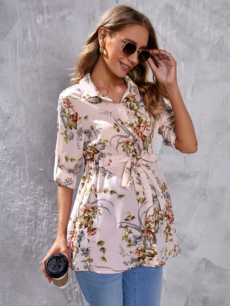 SHEIN Maternity Floral Print Drawstring Waist Blouse - Multicolor - View 1