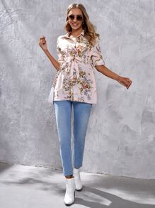 SHEIN Maternity Floral Print Drawstring Waist Blouse - Multicolor - View 4