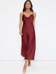 BizChic Women's Elegant Satin Slip Dress With Draped Neckline, Long Length, Suitable For Weddings, Business Casual, Concerts, And Wedding Guest Attire - Burgundy - View 5