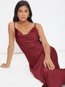 BizChic Women's Elegant Satin Slip Dress With Draped Neckline, Long Length, Suitable For Weddings, Business Casual, Concerts, And Wedding Guest Attire - Burgundy - View 3