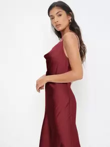 BizChic Women's Elegant Satin Slip Dress With Draped Neckline, Long Length, Suitable For Weddings, Business Casual, Concerts, And Wedding Guest Attire - Burgundy - View 6