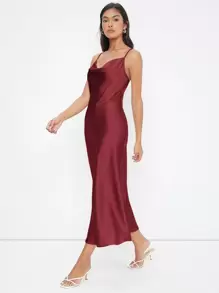 BizChic Women's Elegant Satin Slip Dress With Draped Neckline, Long Length, Suitable For Weddings, Business Casual, Concerts, And Wedding Guest Attire - Burgundy - View 4