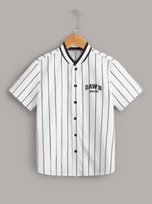 SHEIN 男孩條紋圖案字母圖案單排釦襯衫