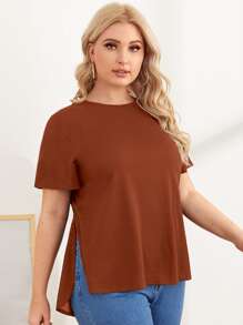 SHEIN Essnce Plus Split Hem Solid Top - Rust Brown - View 1