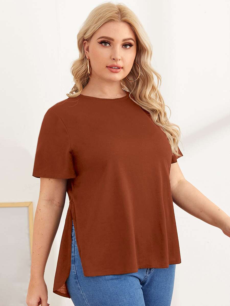 SHEIN Essnce Plus Split Hem Solid Top - Rust Brown - View 1
