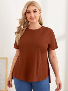 SHEIN Essnce Plus Split Hem Solid Top - Rust Brown - View 3