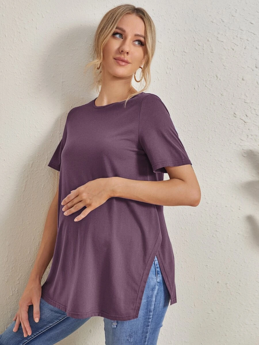 SHEIN Maternity Solid Color Round Neck Short Sleeve Casual T-Shirt With Side Slit Hem - Purple - View 1