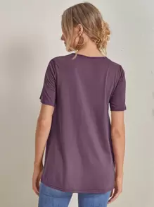 SHEIN Maternity Solid Color Round Neck Short Sleeve Casual T-Shirt With Side Slit Hem - Purple - View 2