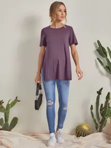 SHEIN Maternity Solid Color Round Neck Short Sleeve Casual T-Shirt With Side Slit Hem - Purple - View 4