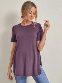 SHEIN Maternity Solid Color Round Neck Short Sleeve Casual T-Shirt With Side Slit Hem - Purple - View 5