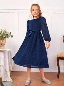 SHEIN 女孩燈籠袖自綁腰帶亮片洋裝