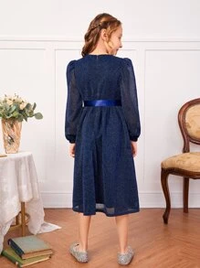 SHEIN 女孩燈籠袖自綁腰帶亮片洋裝