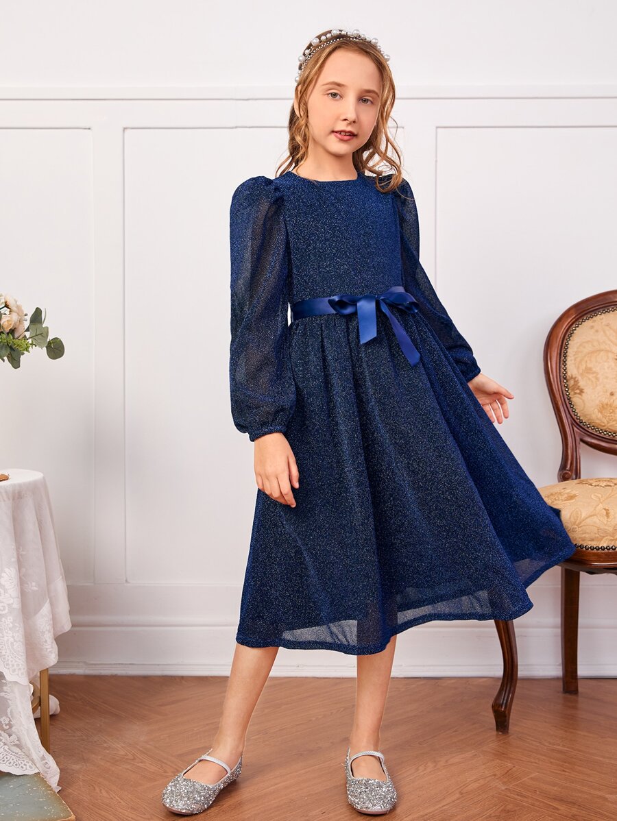 SHEIN 女孩燈籠袖自綁腰帶亮片洋裝