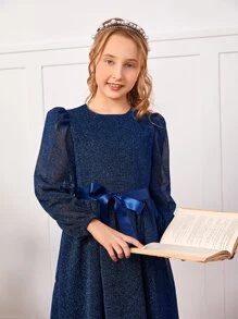 SHEIN 女孩燈籠袖自綁腰帶亮片洋裝