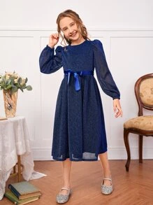 SHEIN 女孩燈籠袖自綁腰帶亮片洋裝