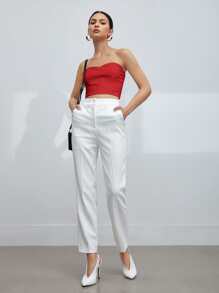 BizChic Khóa kéo phía sau Áo Tube Crop Trang phục làm việc - Đỏ - Xem 3