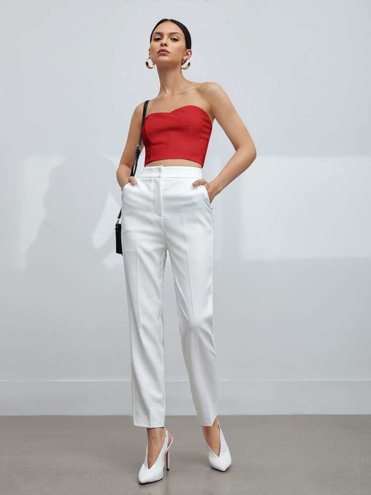 BizChic Khóa kéo phía sau Áo Tube Crop Trang phục làm việc - Đỏ - Xem 3