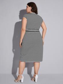 SHEIN LUNE Plus Self Belted Wrap Hem Striped Dress For Summer