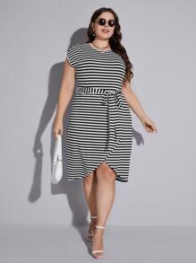 SHEIN LUNE Plus Self Belted Wrap Hem Striped Dress For Summer