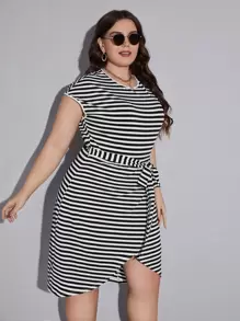 SHEIN LUNE Plus Self Belted Wrap Hem Striped Dress For Summer