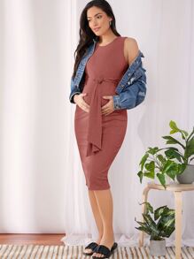 SHEIN Maternity Tie Front Solid Bodycon Dress - Redwood - View 1