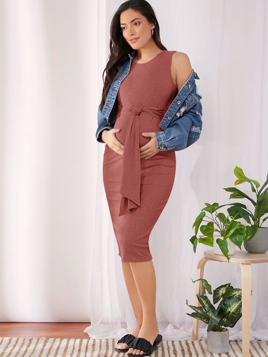 SHEIN Maternity Tie Front Solid Bodycon Dress - Redwood - View 1
