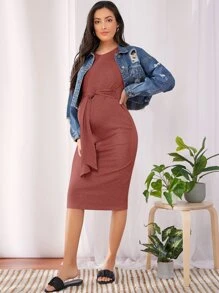 SHEIN Maternity Tie Front Solid Bodycon Dress - Redwood - View 3