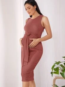 SHEIN Maternity Tie Front Solid Bodycon Dress - Redwood - View 5