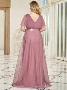 EVERPRETTY Plus Size Bridesmaid Dress With Ruched Bust And High Waist, Mesh Fabric - Dusty Pink - View 3