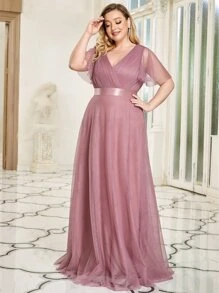 EVERPRETTY Plus Size Bridesmaid Dress With Ruched Bust And High Waist, Mesh Fabric - Dusty Pink - View 4
