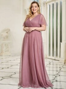 EVERPRETTY Plus Size Bridesmaid Dress With Ruched Bust And High Waist, Mesh Fabric - Dusty Pink - View 5