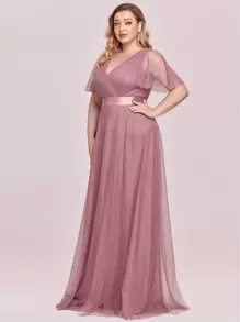 EVERPRETTY Plus Size Bridesmaid Dress With Ruched Bust And High Waist, Mesh Fabric - Dusty Pink - View 6