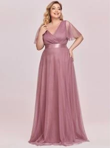 EVERPRETTY Plus Size Bridesmaid Dress With Ruched Bust And High Waist, Mesh Fabric - Dusty Pink - View 7