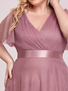 EVERPRETTY Plus Size Bridesmaid Dress With Ruched Bust And High Waist, Mesh Fabric - Dusty Pink - View 8