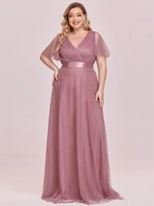 EVERPRETTY Plus Size Bridesmaid Dress With Ruched Bust And High Waist, Mesh Fabric - Dusty Pink - View 9