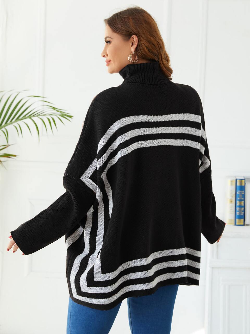 Plus Striped Pattern Double Pocket Turtle Neck Dolman Sleeve Sweater