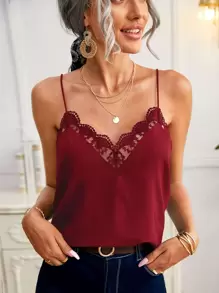 SHEIN Frenchy Áo hai dây Tương phản ren màu trơn Thanh lịch - Màu Đỏ Sâu - Xem 1