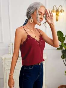 SHEIN Frenchy Áo hai dây Tương phản ren màu trơn Thanh lịch - Màu Đỏ Sâu - Xem 4