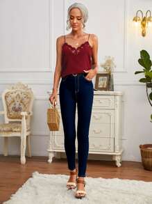 SHEIN Frenchy Áo hai dây Tương phản ren màu trơn Thanh lịch - Màu Đỏ Sâu - Xem 5