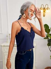 SHEIN Frenchy Embroidery Mesh Detail Cami Top Elegant Summer - Navy Blue - View 4