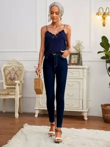 SHEIN Frenchy Embroidery Mesh Detail Cami Top Elegant Summer - Navy Blue - View 5