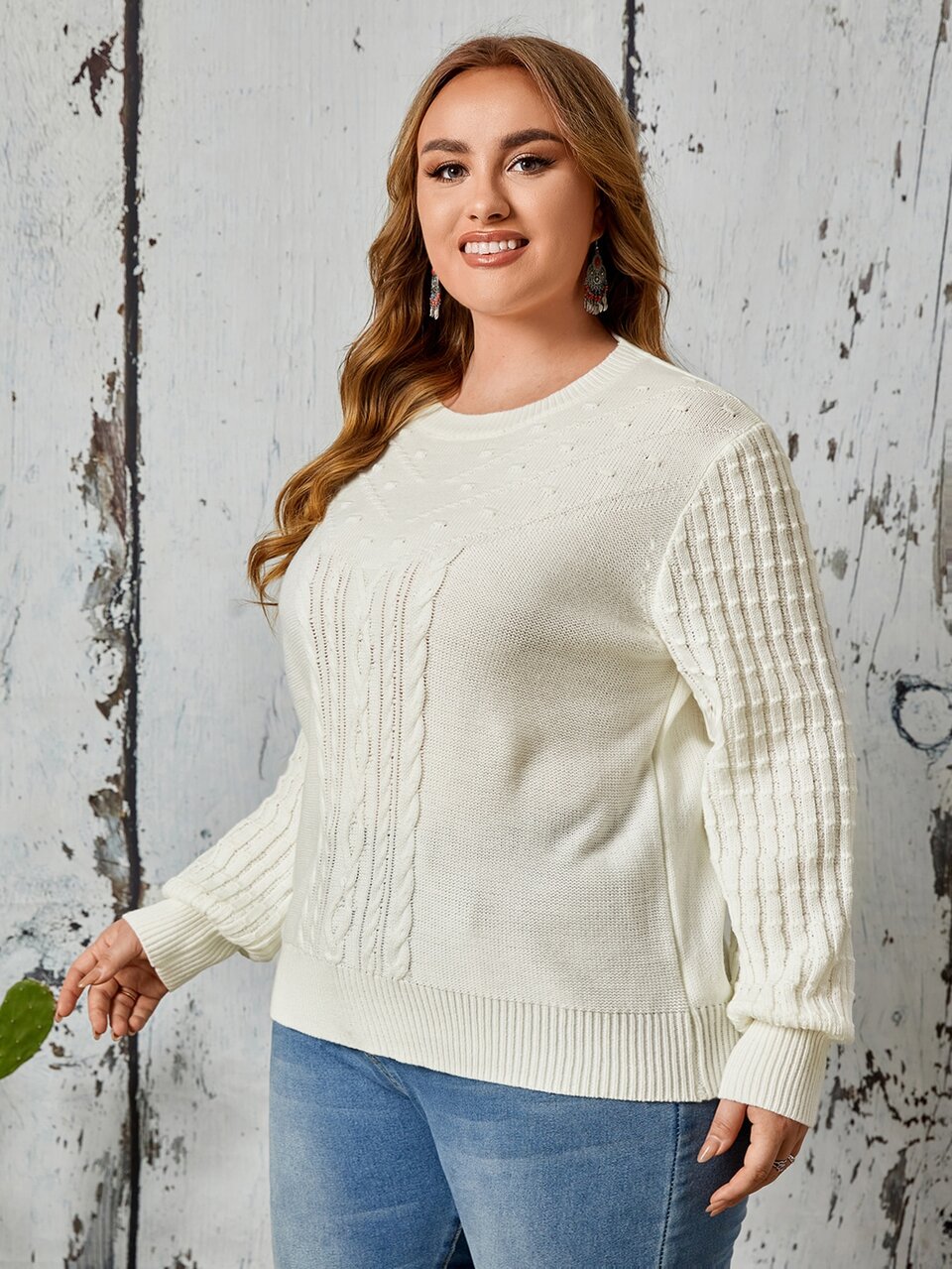 Plus Solid Drop Shoulder Cable Knit Sweater