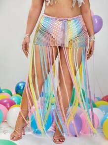 Plus Fringe Hem Crochet Cover Up - Multicolor - View 2