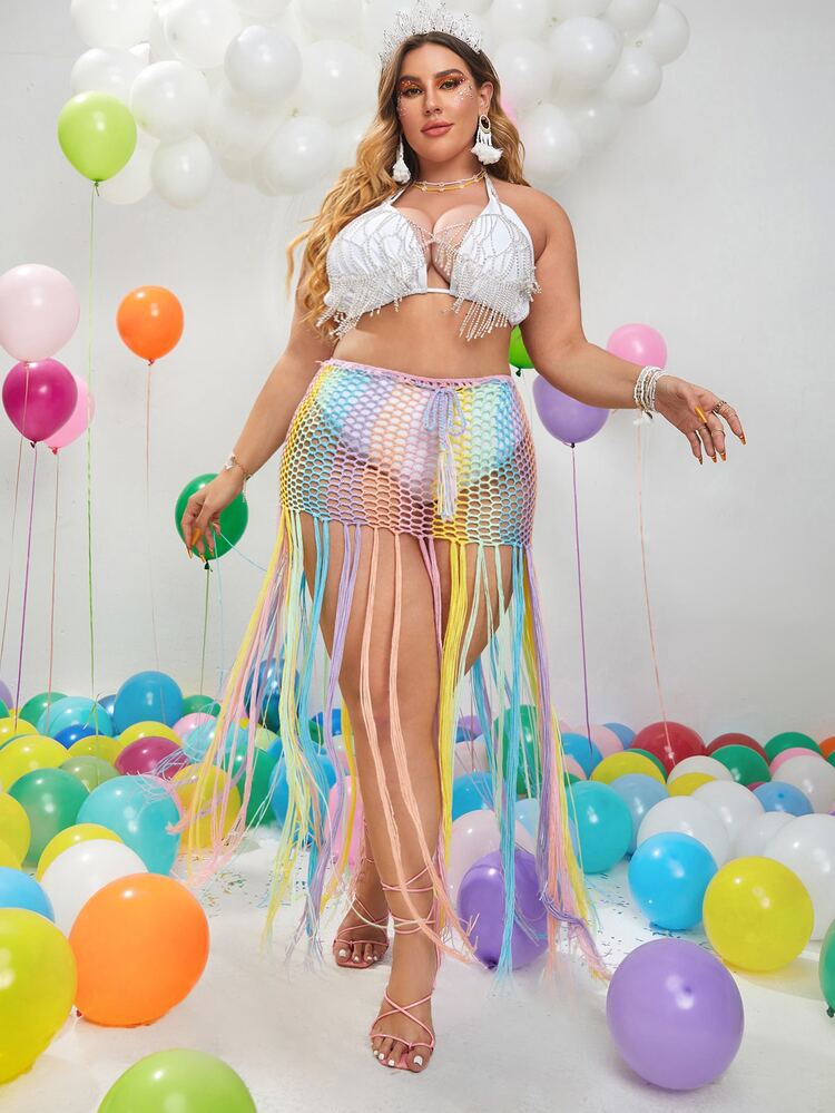 Plus Fringe Hem Crochet Cover Up - Multicolor - View 1