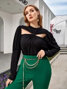 Mulvari Áo thun Plus size Cắt ra xoắn lại màu trơn Giải trí - màu đen - Xem 2