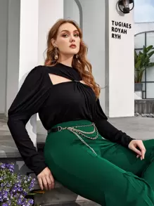 Mulvari Áo thun Plus size Cắt ra xoắn lại màu trơn Giải trí - màu đen - Xem 1